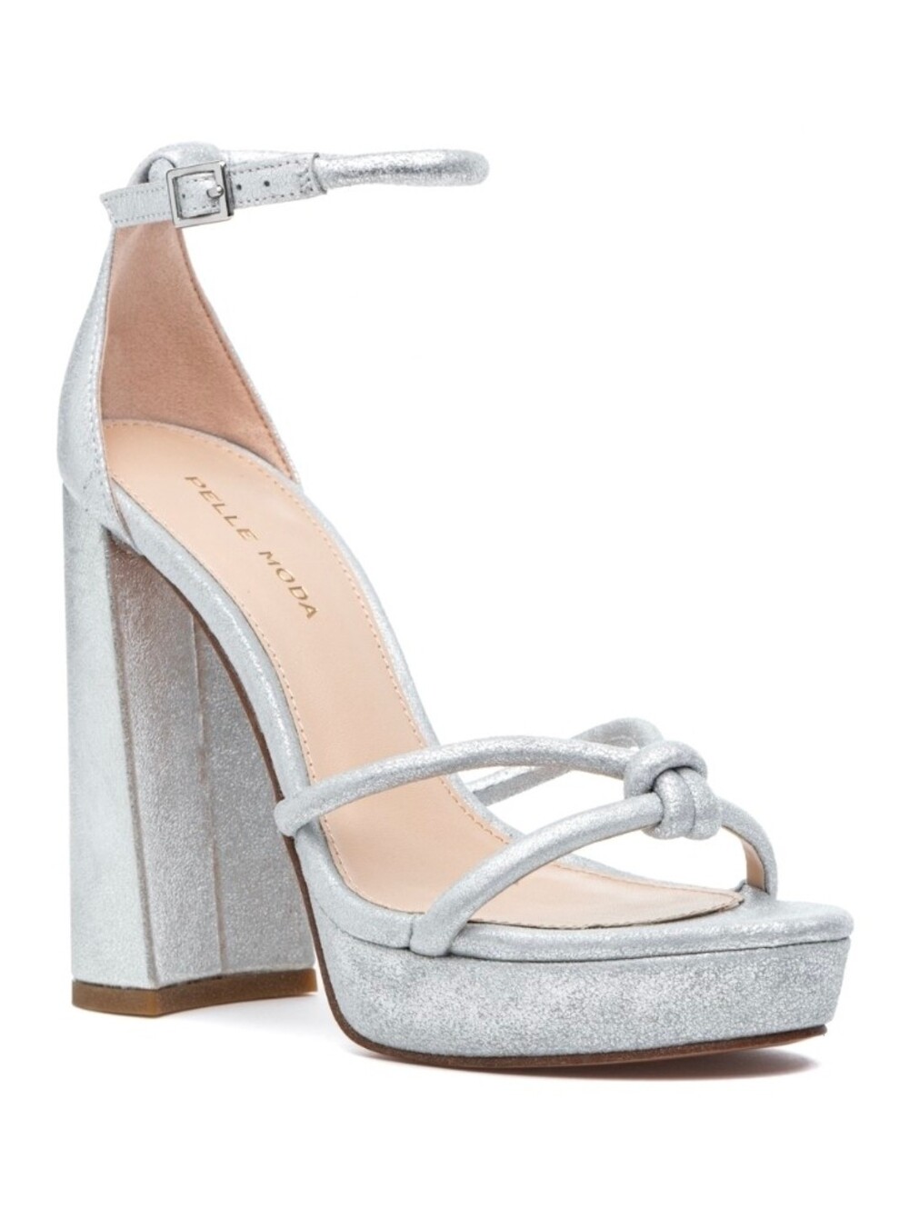 New Pelle Moda Metallic Silver Knotted Platform Sandal